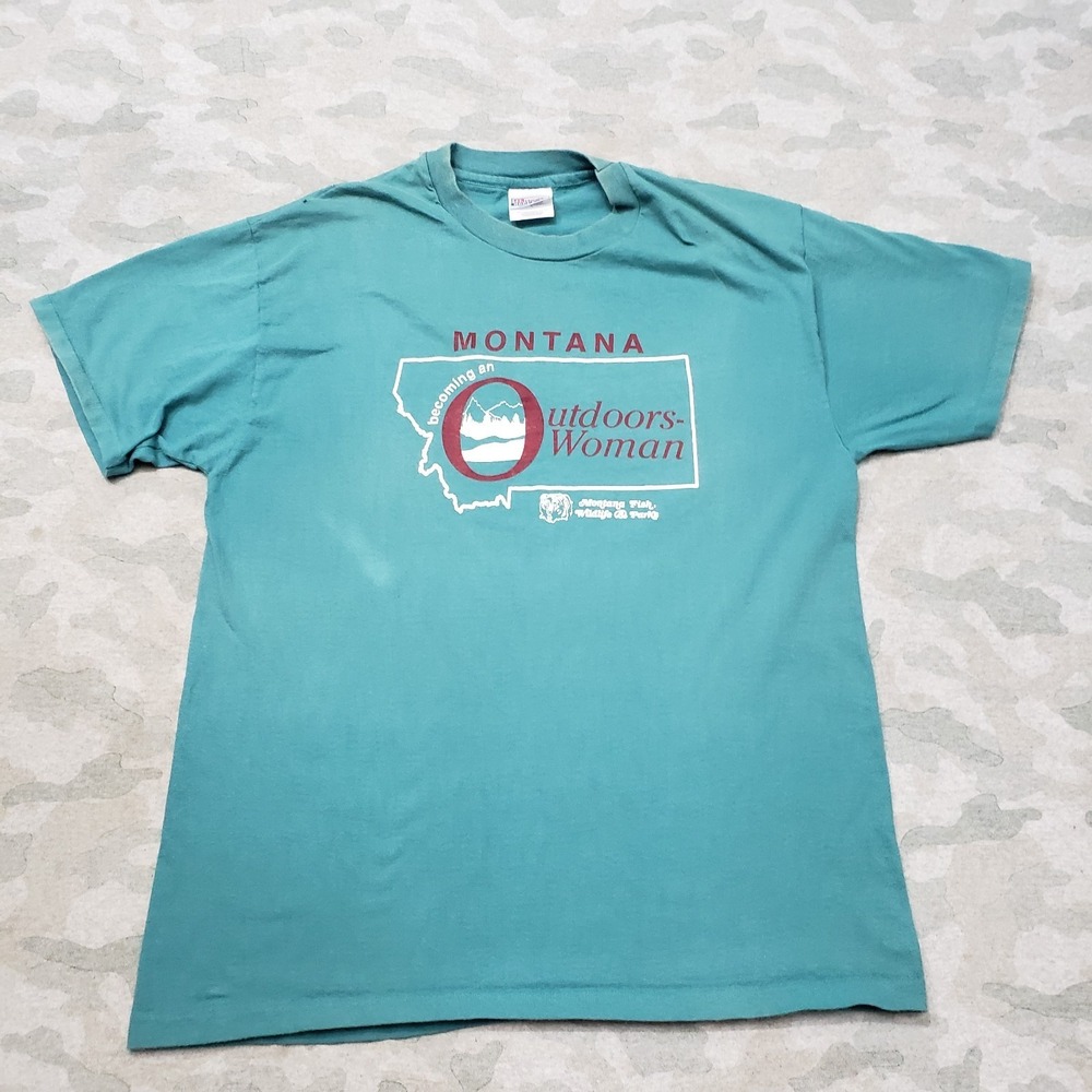 Vintage Hanes‎ Top Womens Large Green Single Stitch Y2k Beefy-T Short Sleeve